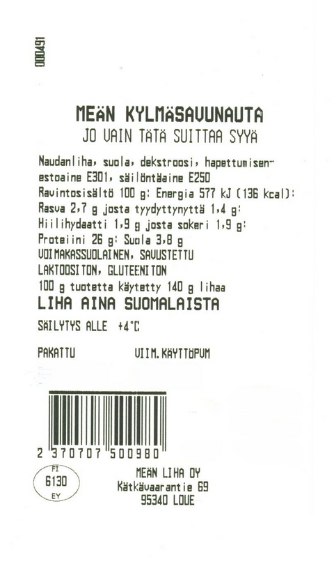 Kylmäsavunautasiivu -Meän Liha